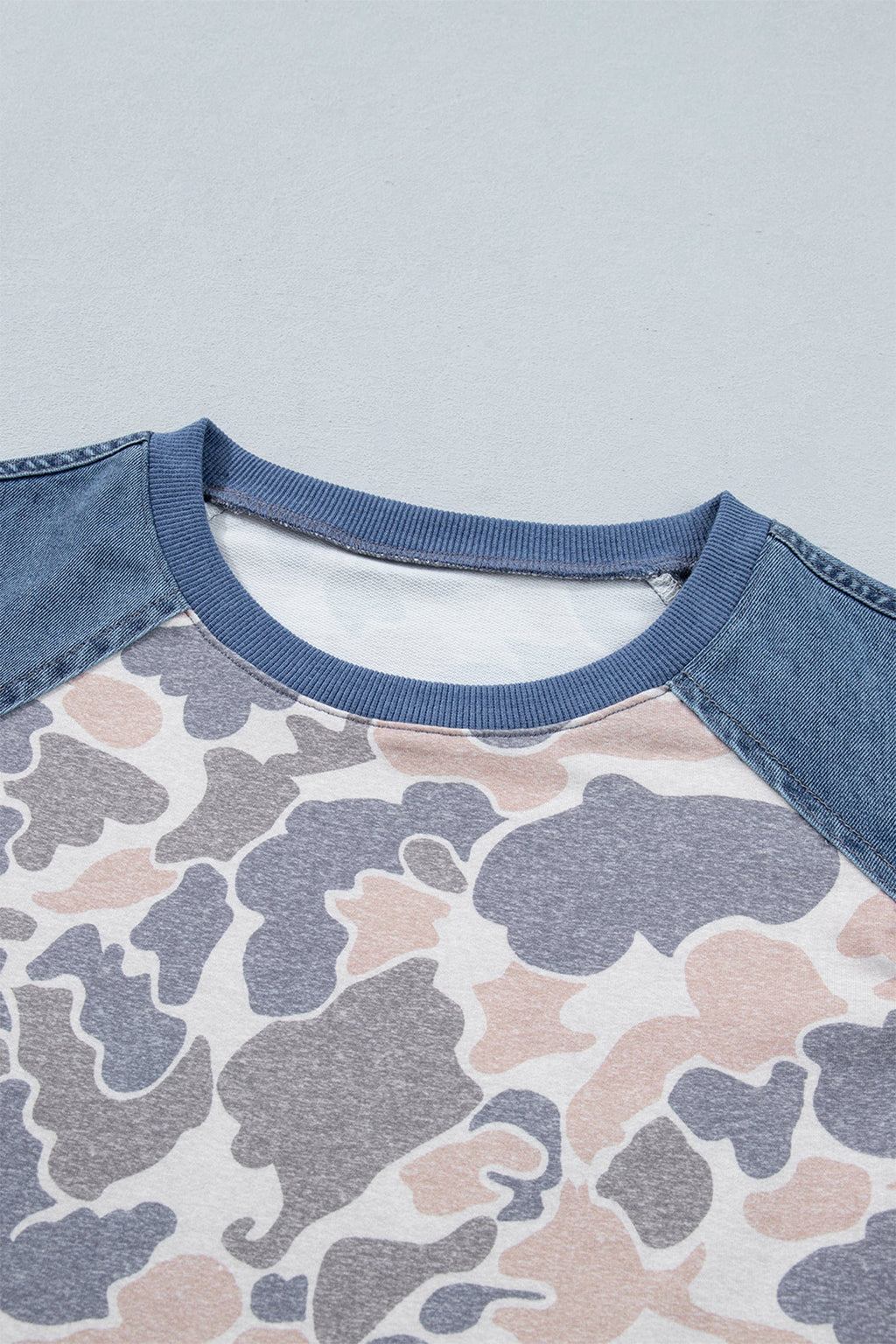 Multicolour Camouflage Print Denim Color Block Sleeve Casual Tee
