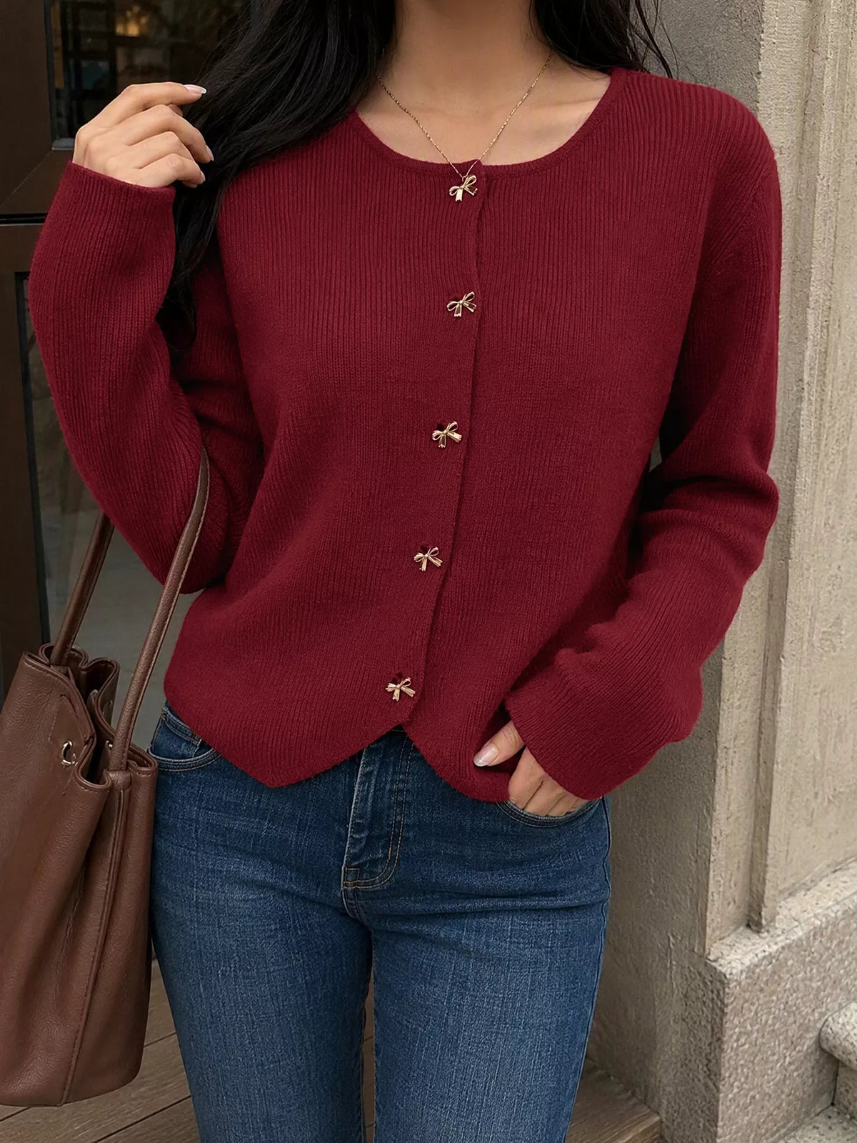 Bow Button Up Knit Cardigan