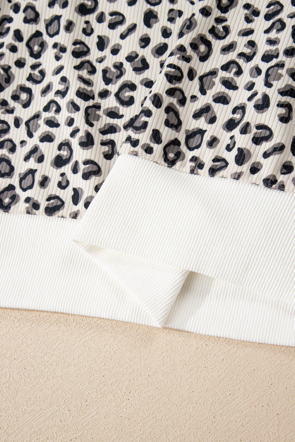 Beige Leopard Print Quarter Zip Corduroy Sweatshirt