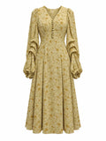 Vintage Floral Print V-Neck Long Sleeve Button-Down Midi Dress