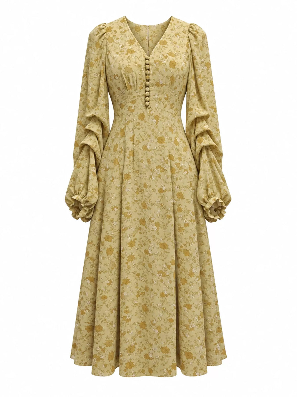 Vintage Floral Print V-Neck Long Sleeve Button-Down Midi Dress