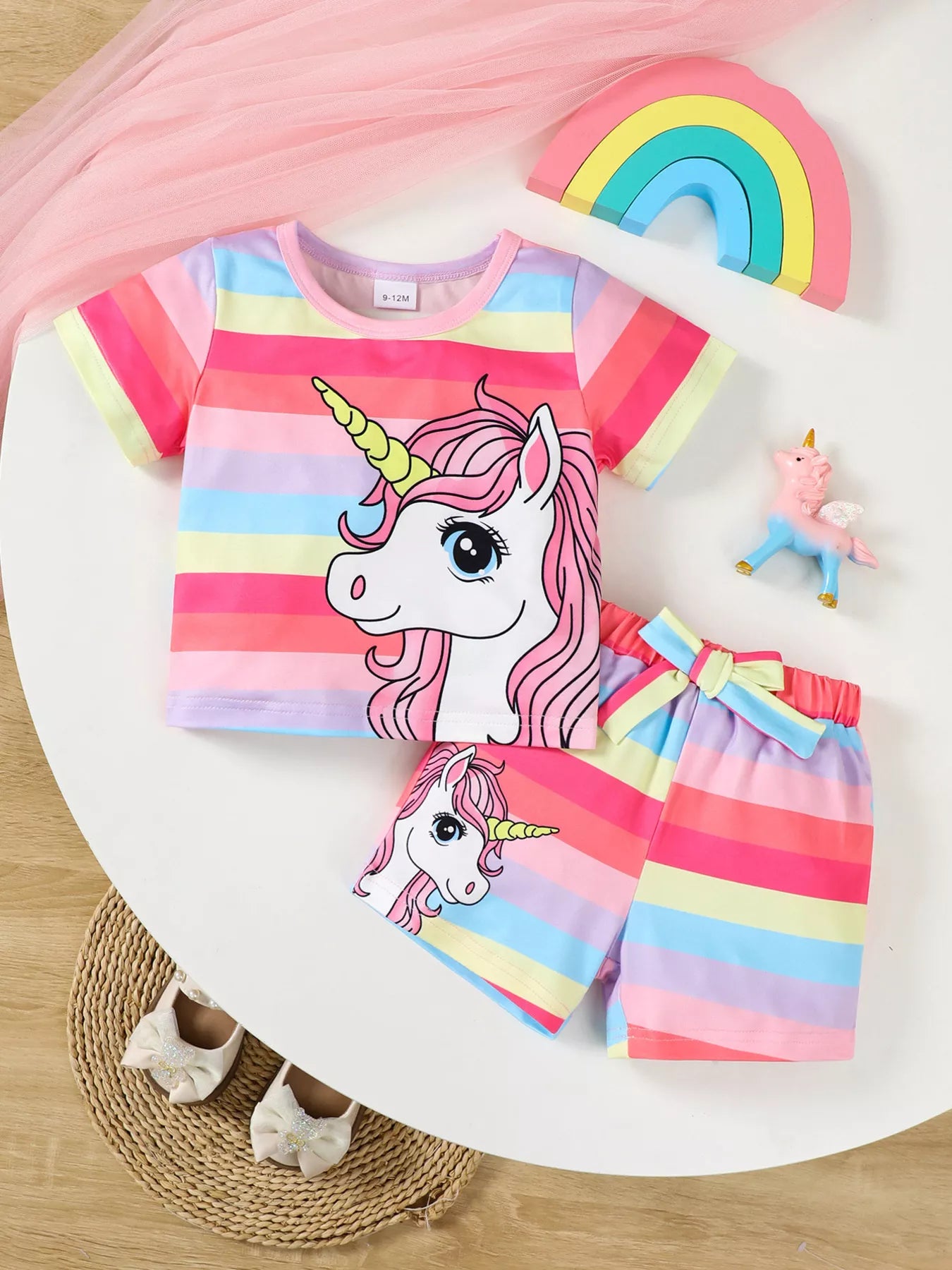 Children's Rainbow Striped Unicorn T-Shirt and Shorts Set