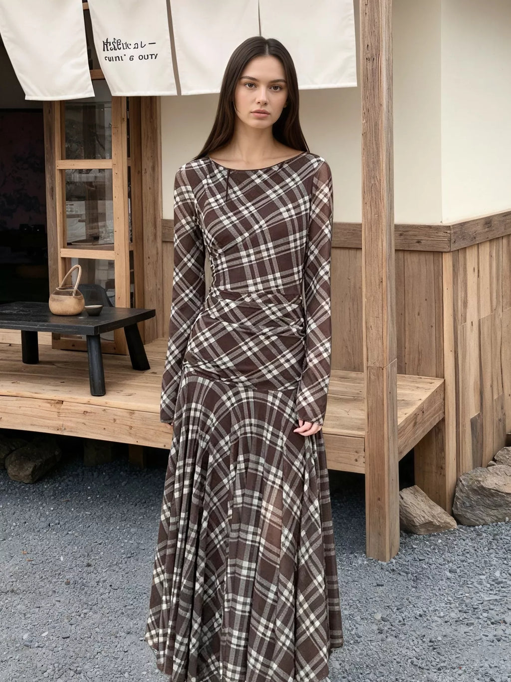 Plaid Long-Sleeve Slim-Fit Maxi Dress