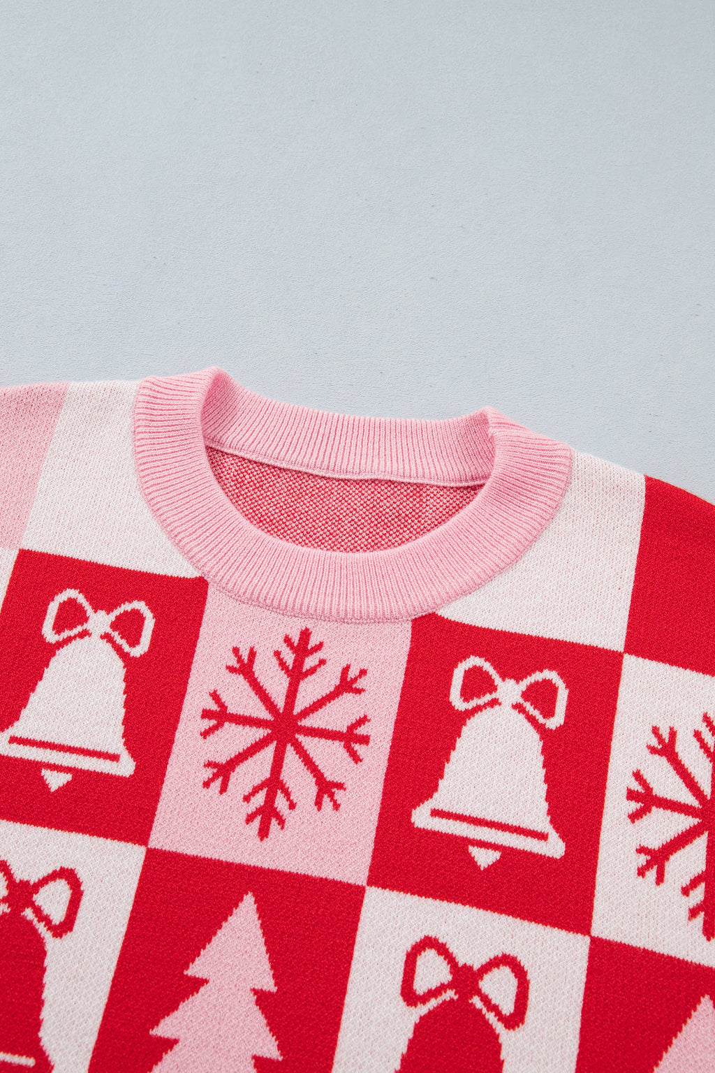 Christmas Checker Round Neck Long Sleeve Sweater