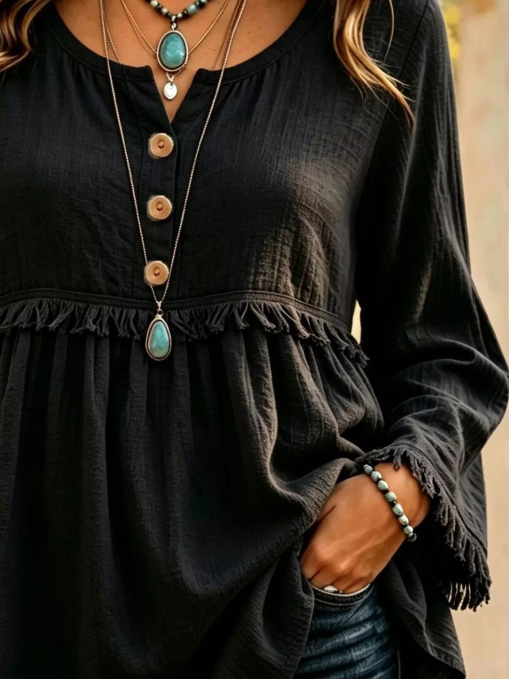 Button-Down Detail Fringed Hem Blouse
