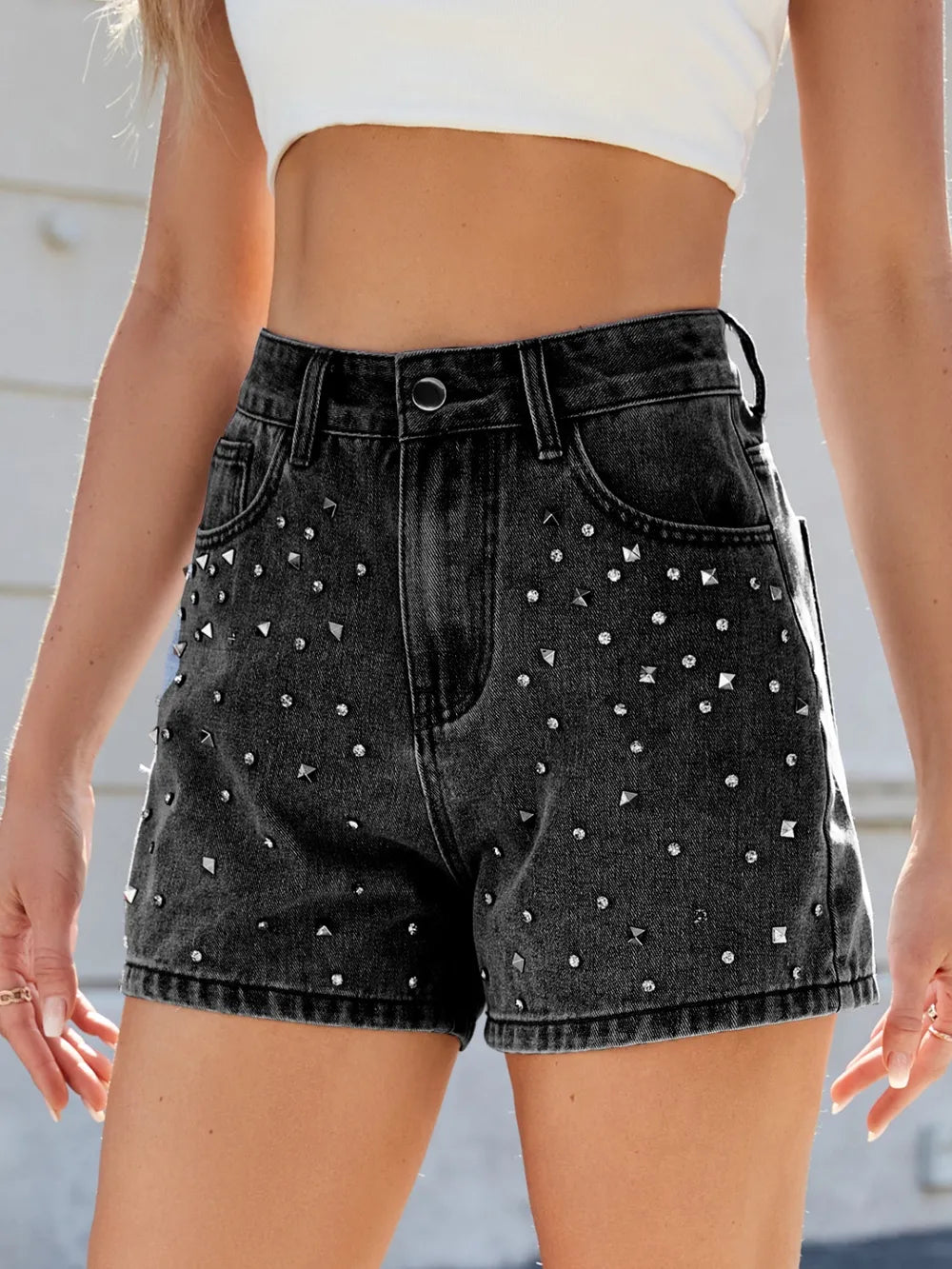 Rhinestone Washed High-Waist Denim Shorts