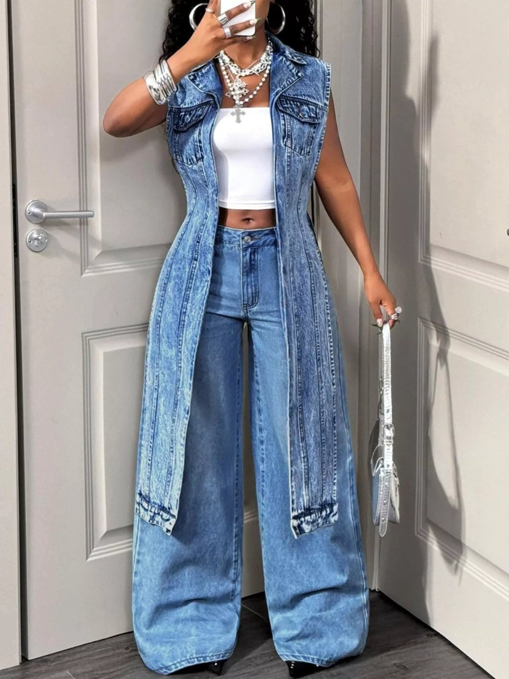High-Low Open Front Denim Vest