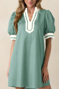 Canton Scallop Color Block Trim Puff Sleeve Mini Dress