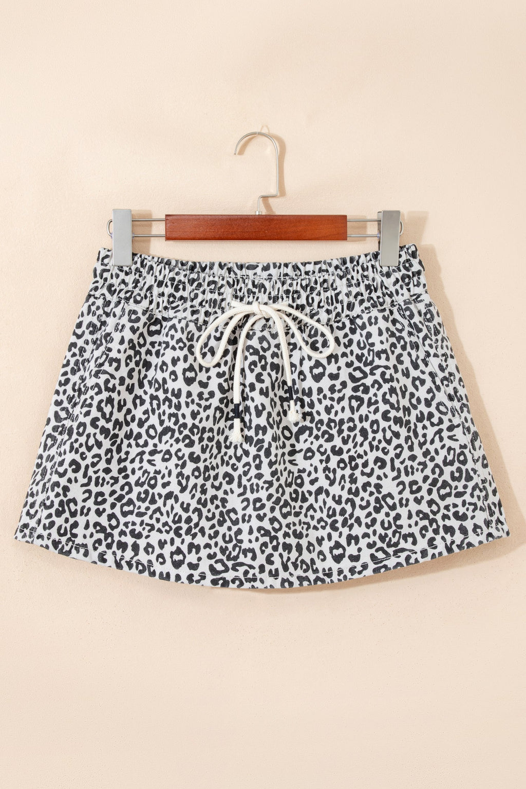 Khaki Leopard Print Tassel Drawstring Casual Denim Skort