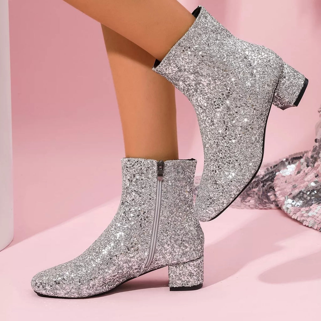 Sequin Round Toe Block Heels Boots