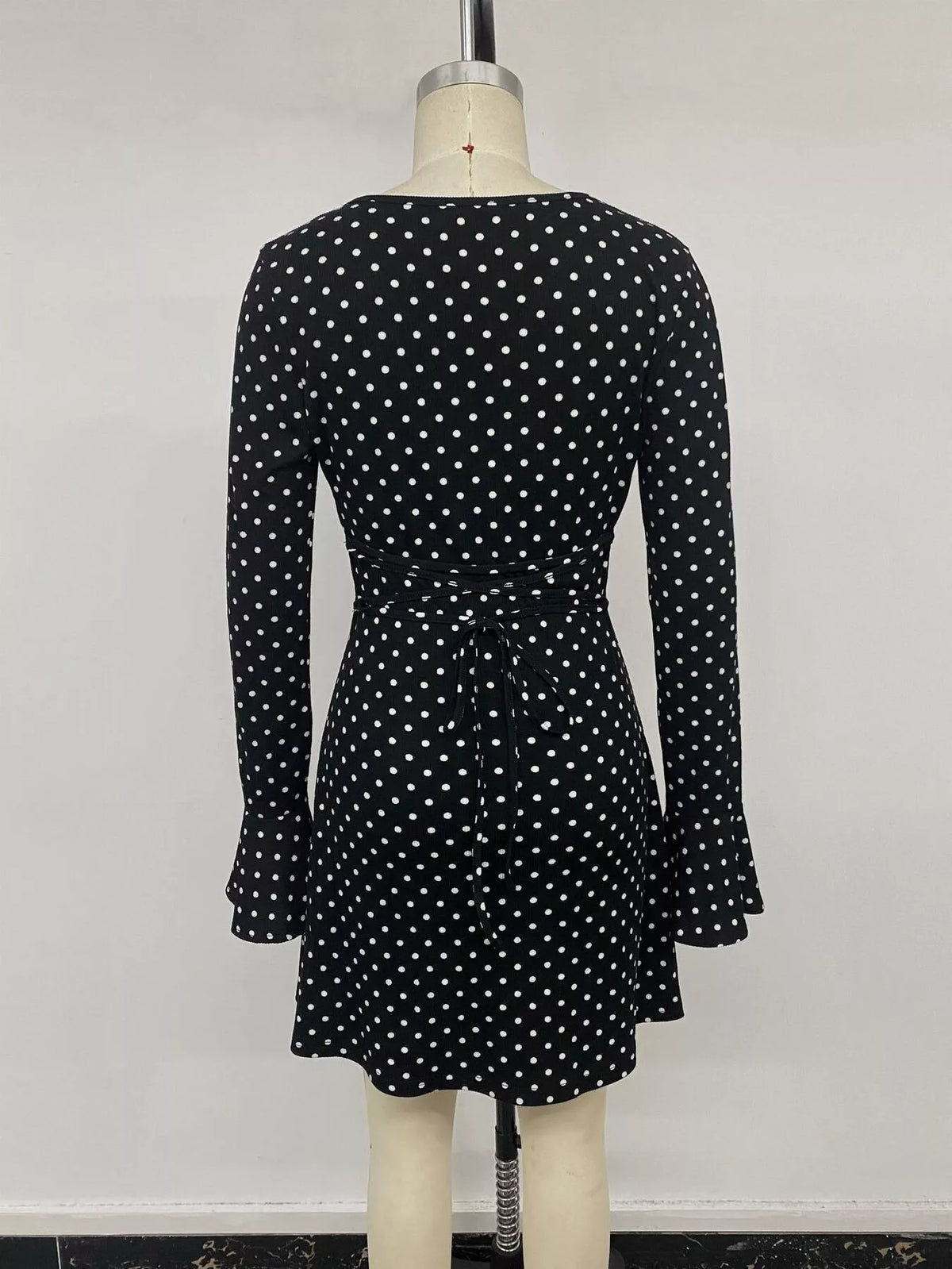 Polka Dot Long Sleeve Ruffle Hem Mini Dress