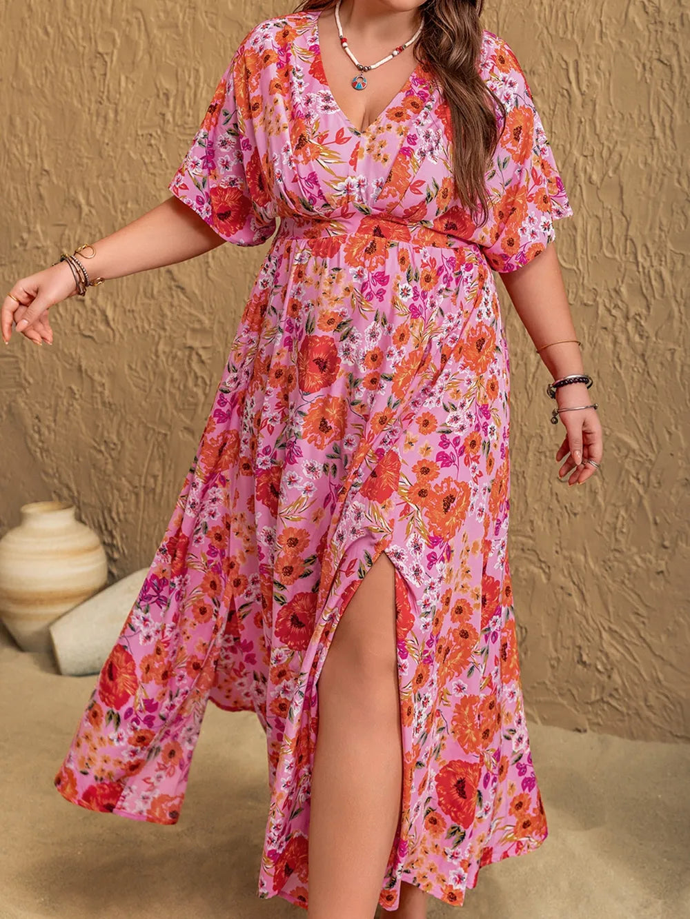 Slit Floral V-Neck Half Sleeve Maxi Dress