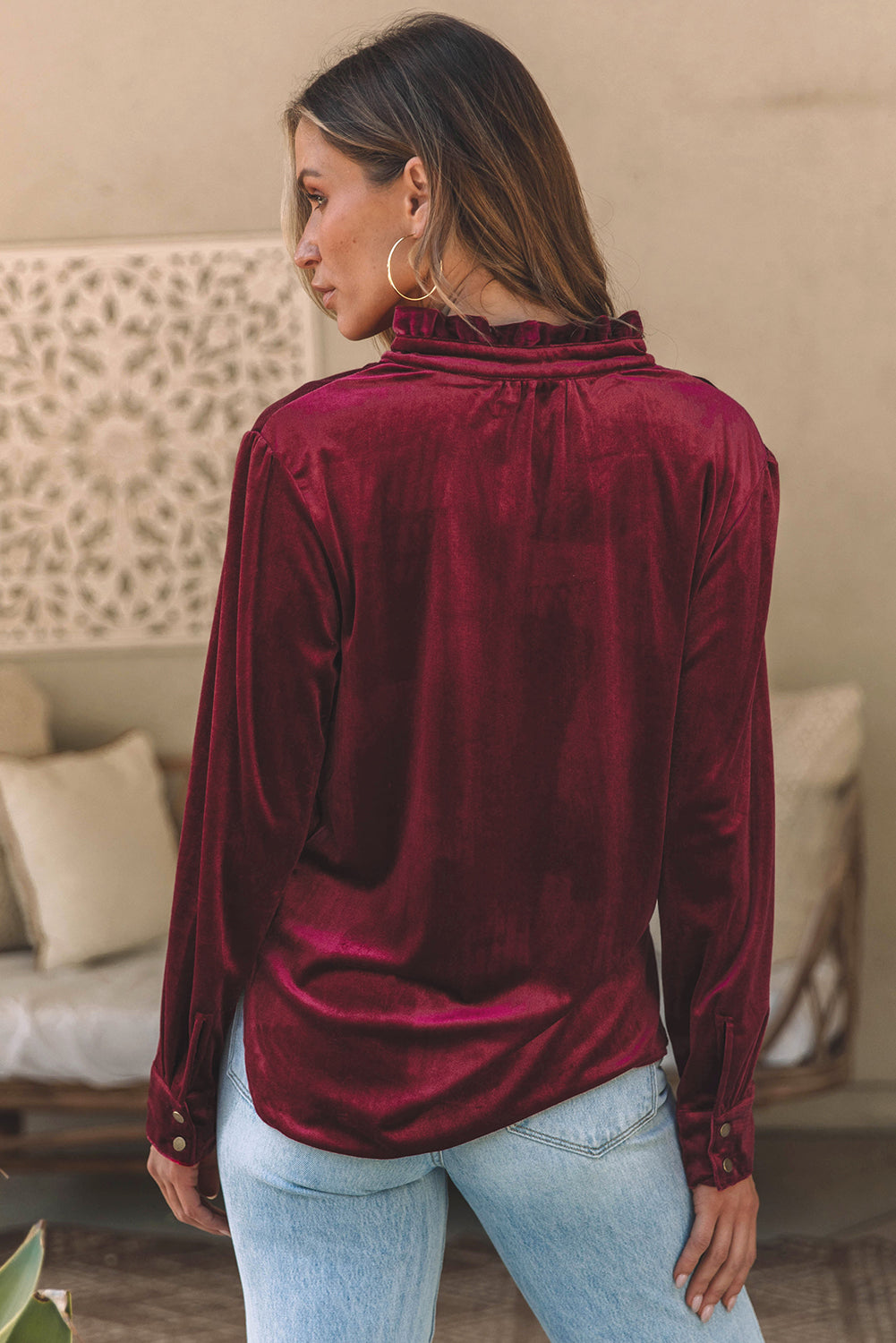 Velvet Frilled Neck Buttoned Top