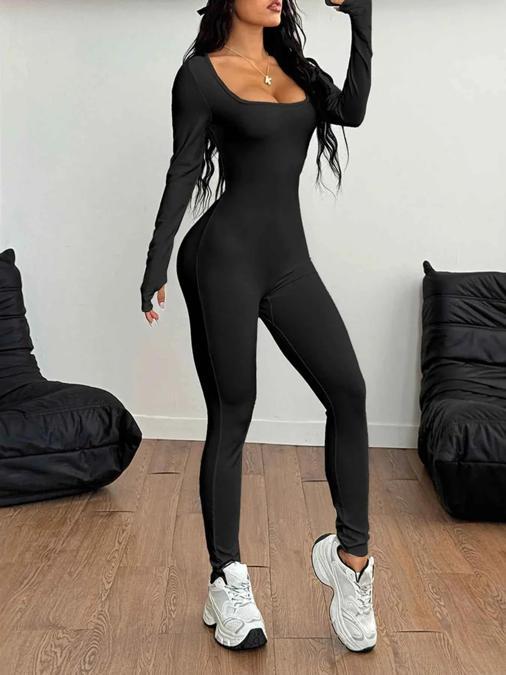 Square Neck Long Sleeve Active Jumpsuit