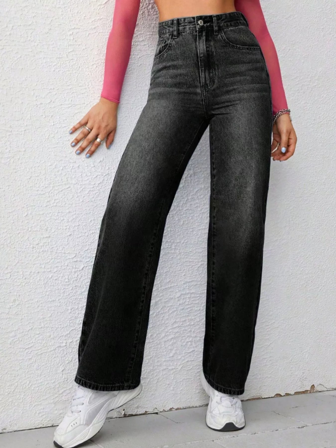 High-Waisted Wide-Leg Washed Jeans