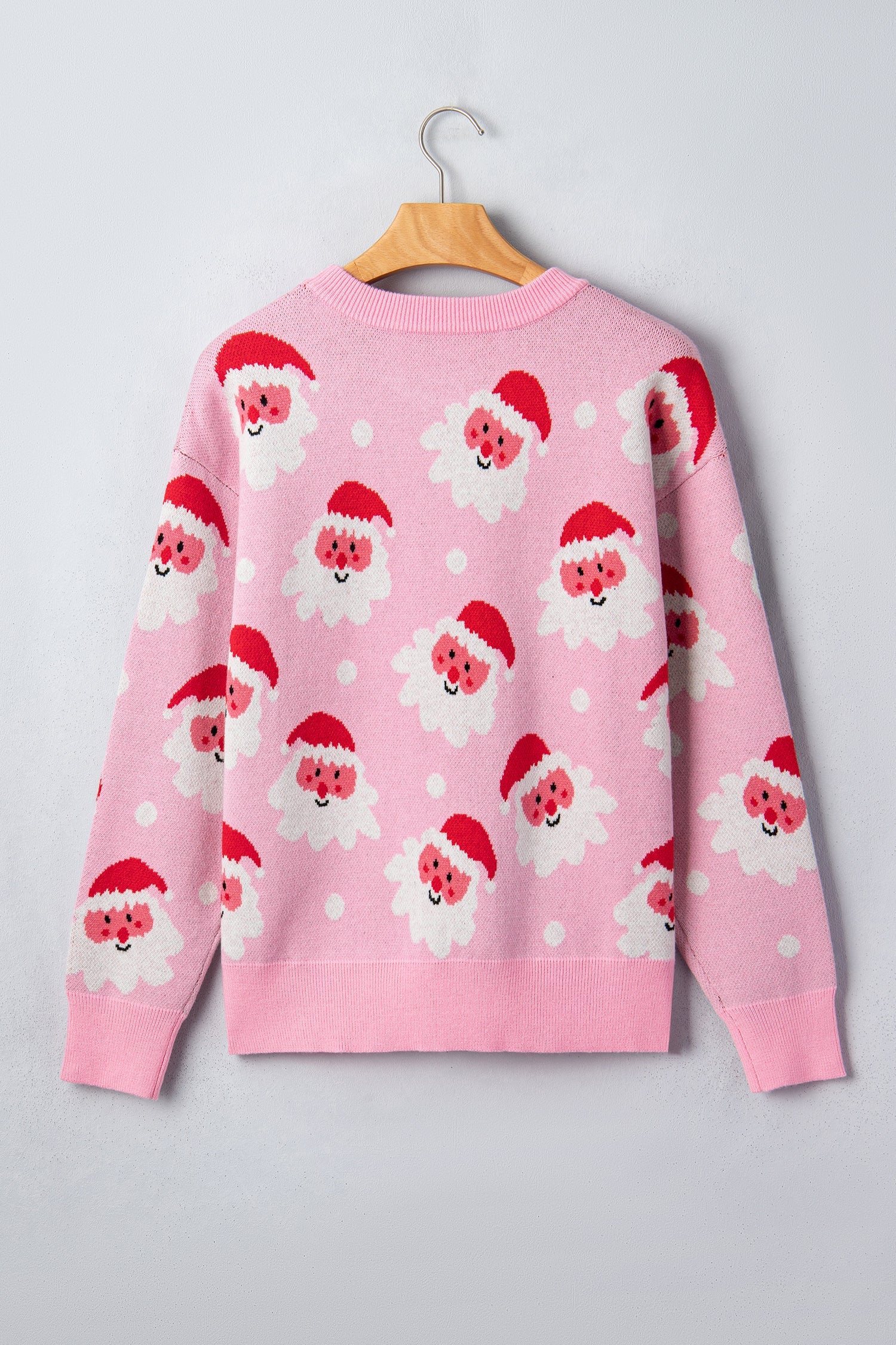 Pink Cartoon Santa Pattern Round Neck Dropped Shoulder Sweater