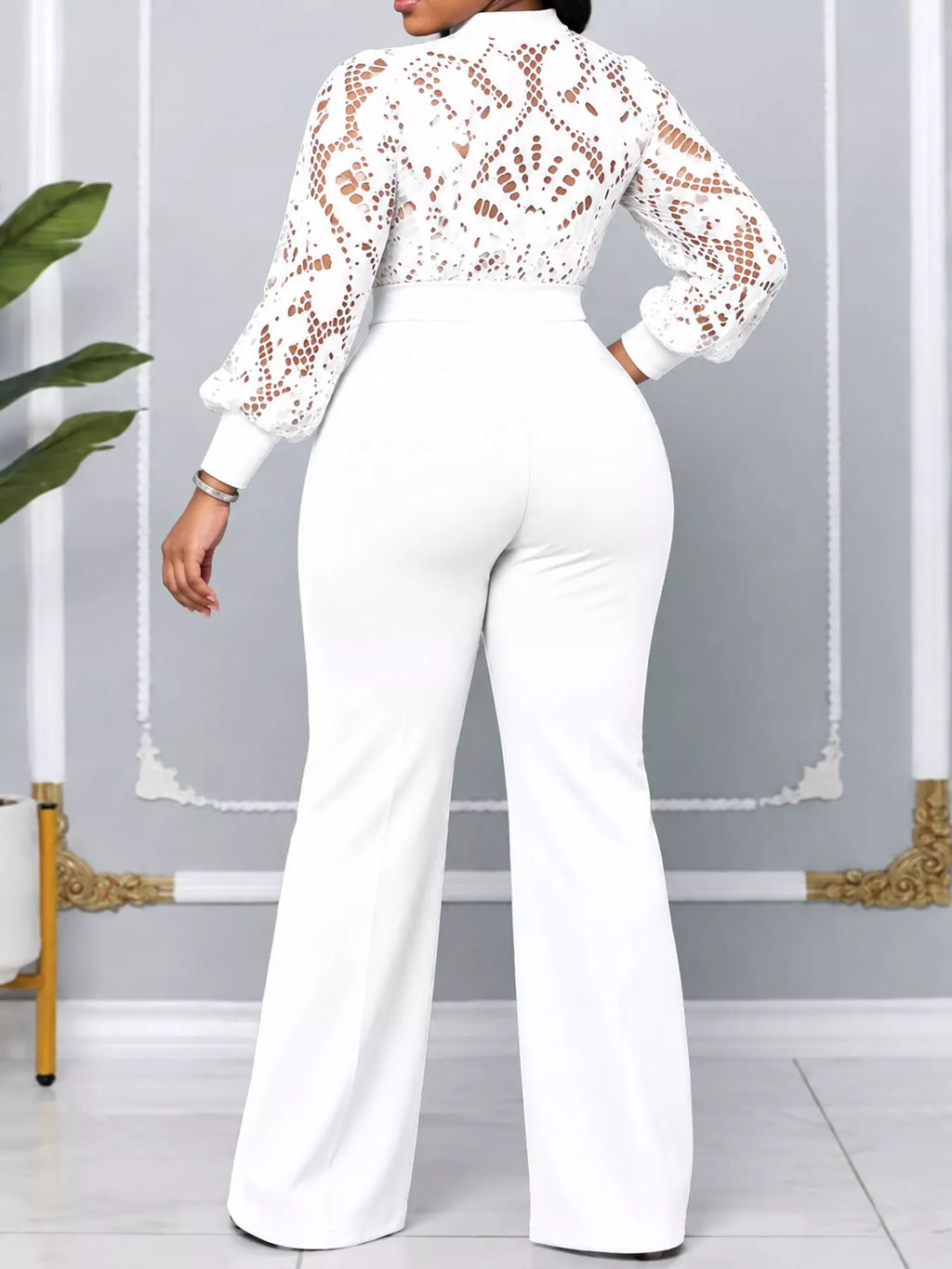 Full Size Lace Lantern Sleeve Flare Jumpsuit Plus Size
