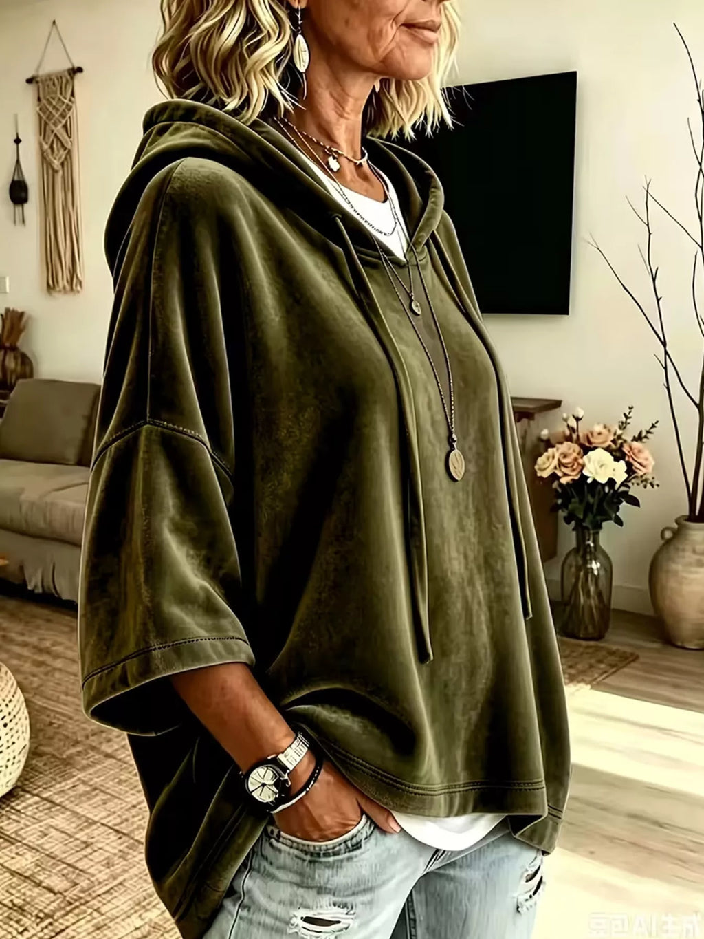 Velvet Loose Fit Hoodie with Drawstring