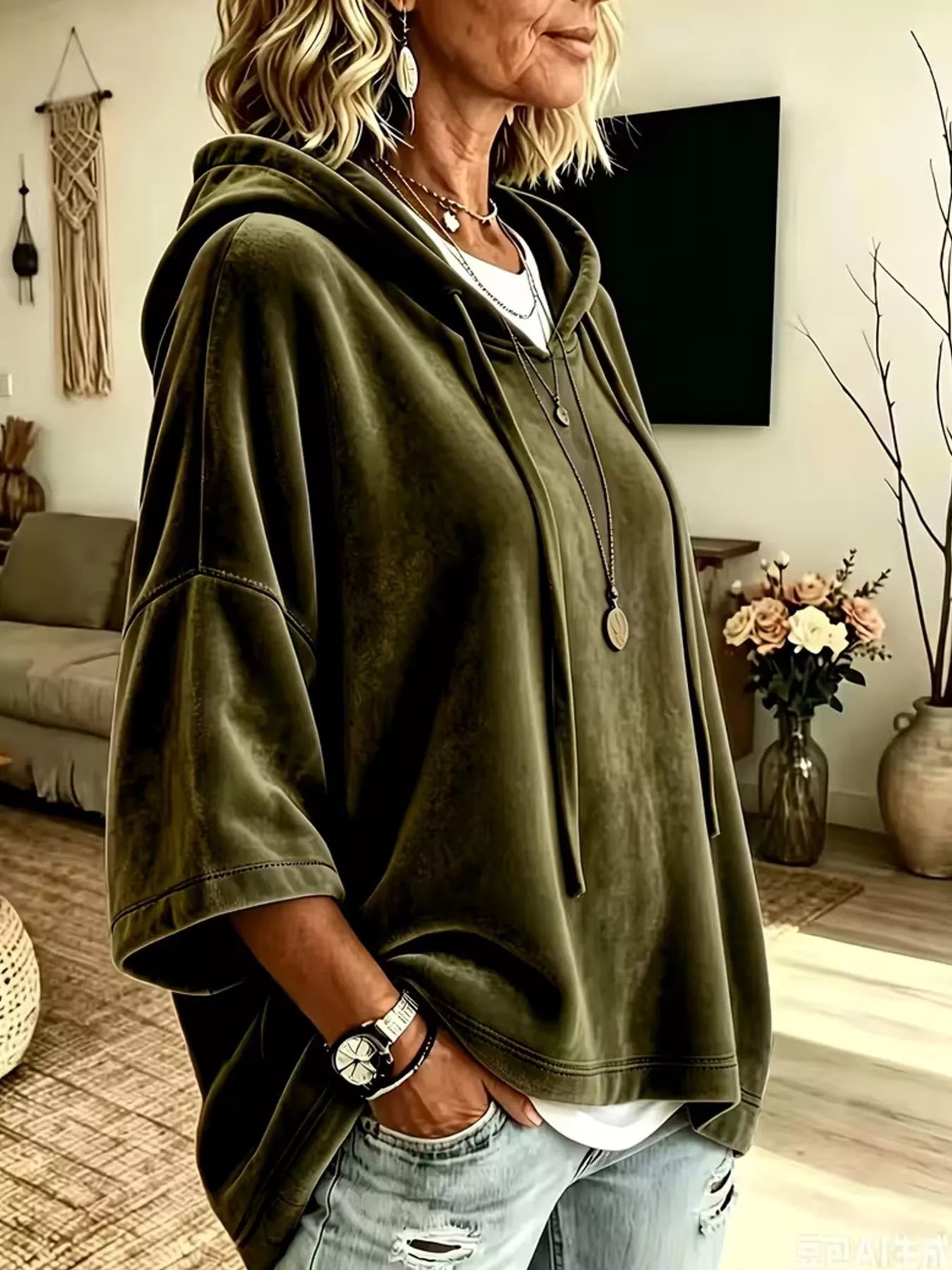 Velvet Loose Fit Hoodie with Drawstring