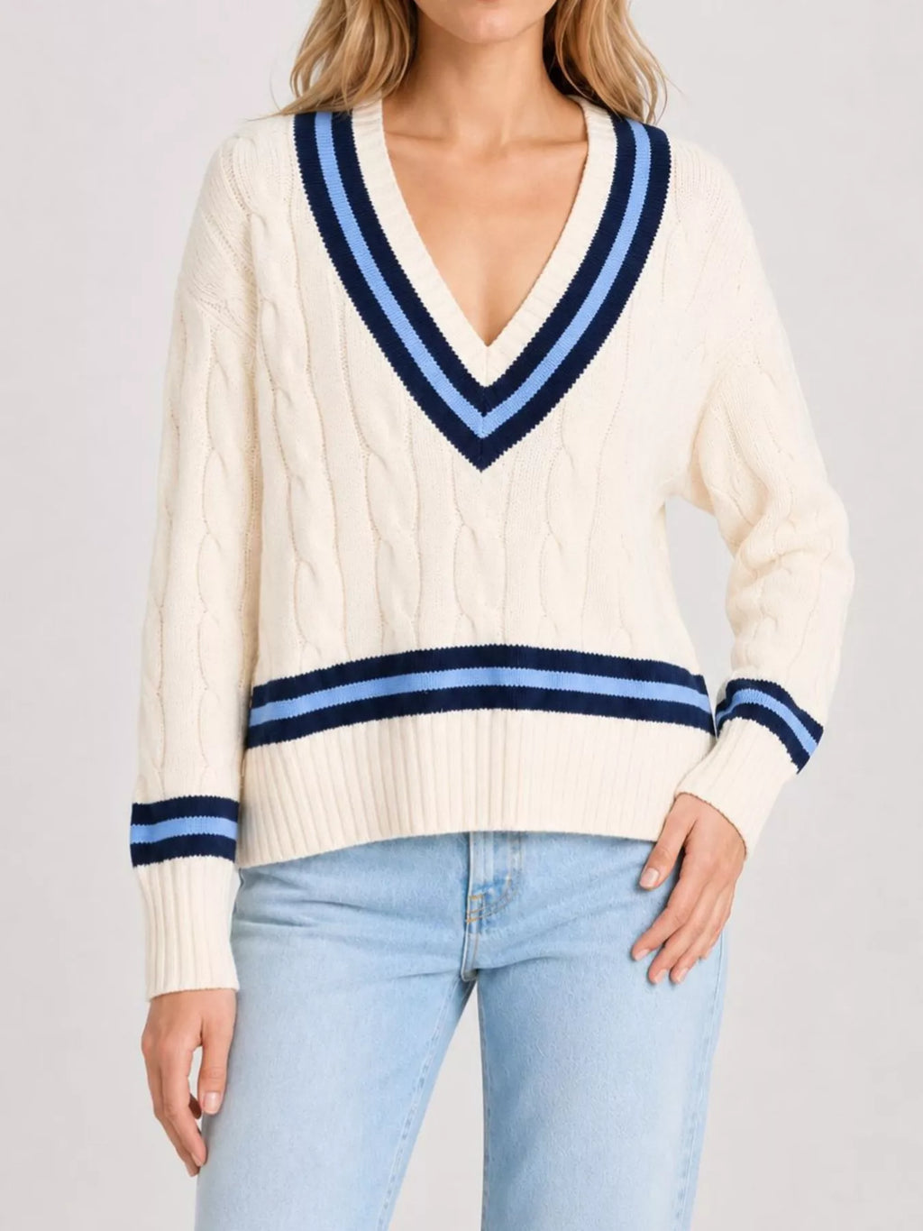 V-Neck Cable Knit Sweater with Contrast Striped Trim