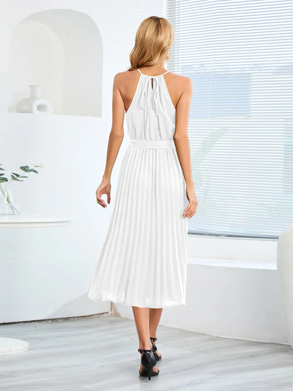 Pleated Spaghetti Strap Tie Waist Midi Dress