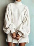 Full Size Ribbed Mock Neck Lantern Sleeve Mini Dress Plus Size