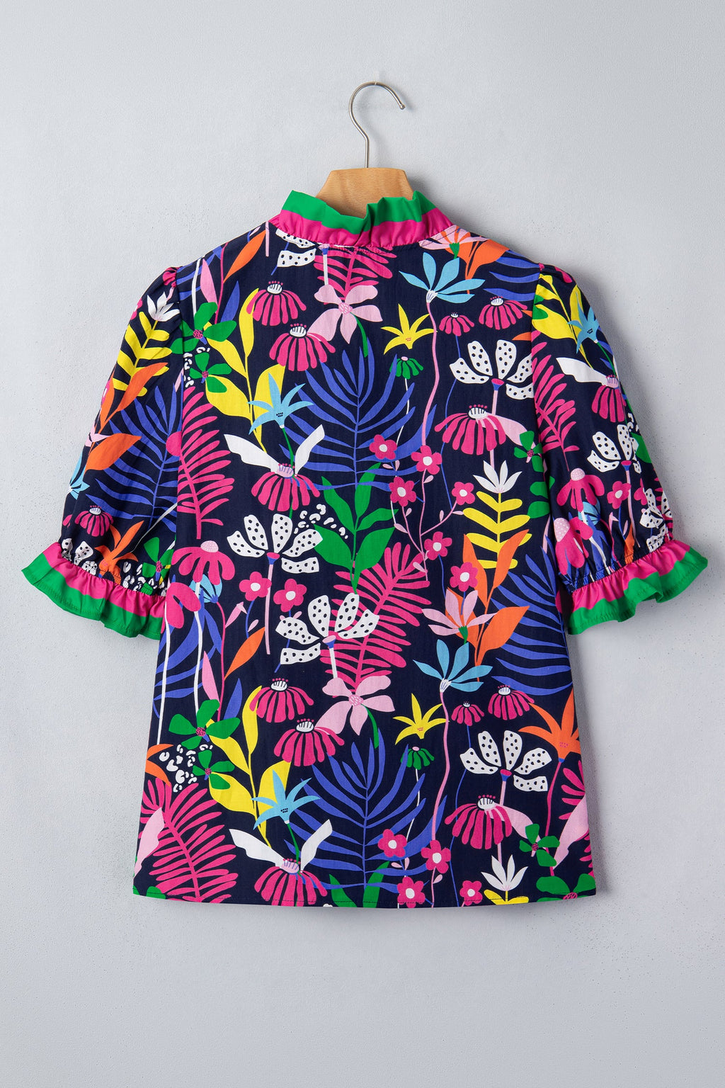 Rose Floral Print Frilled Contrast Striped Trim V Neck Short Sleeve Blouse