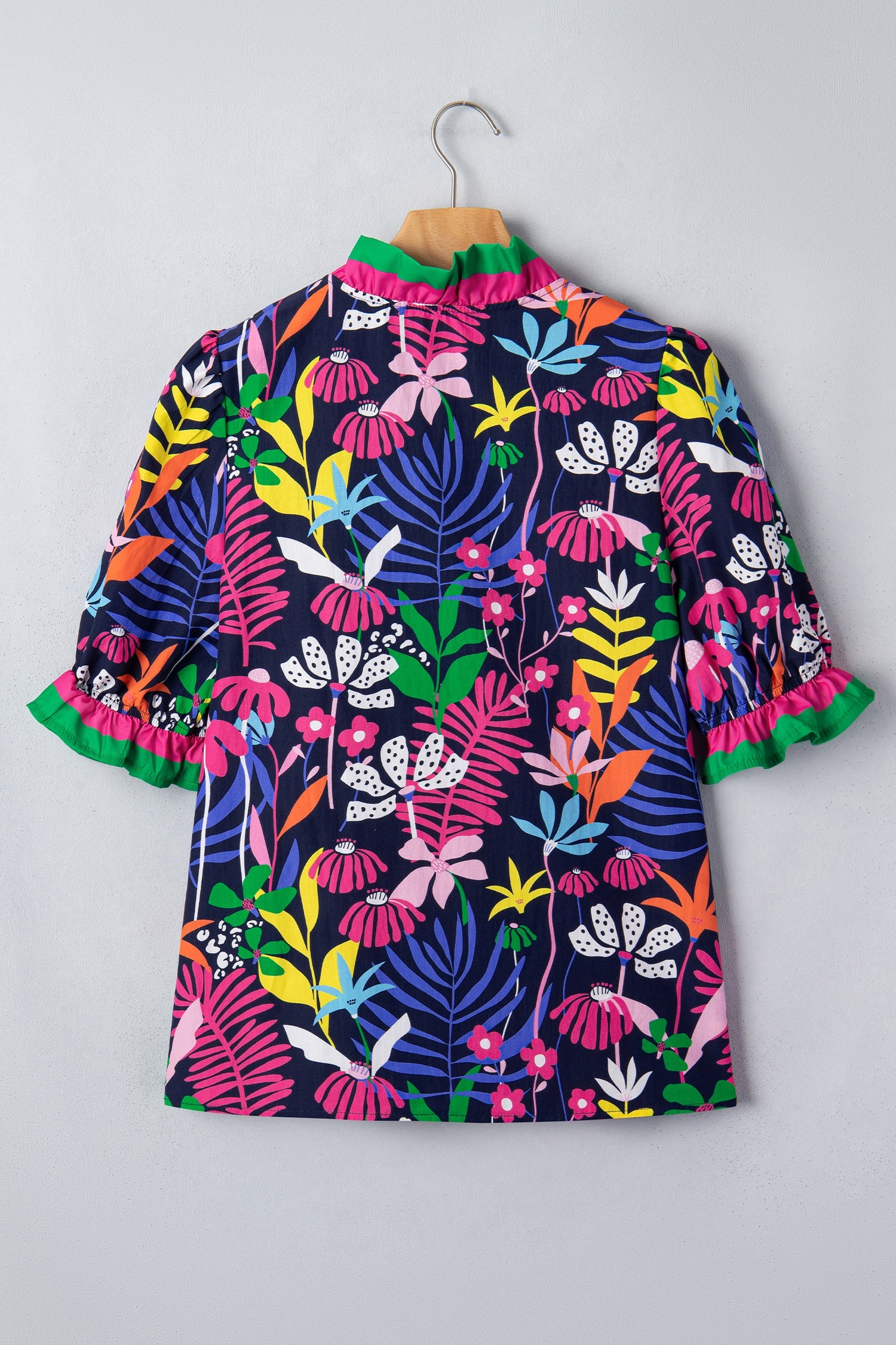 Rose Floral Print Frilled Contrast Striped Trim V Neck Short Sleeve Blouse