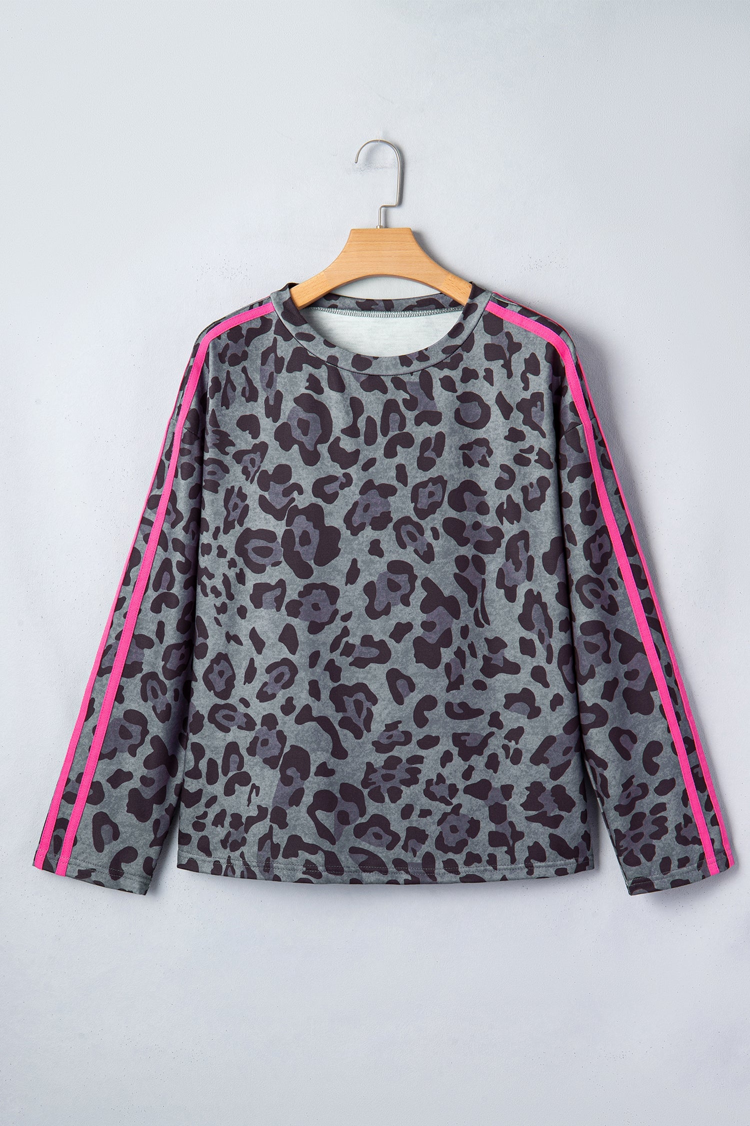 Gray Leopard Print Varsity Striped Trim Long Sleeve Top
