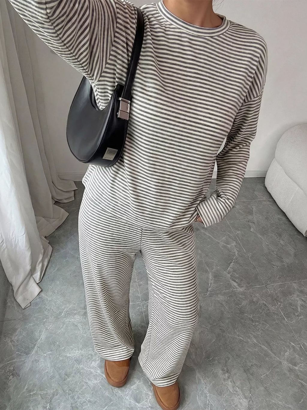 Striped Round Neck Top and Pants Set