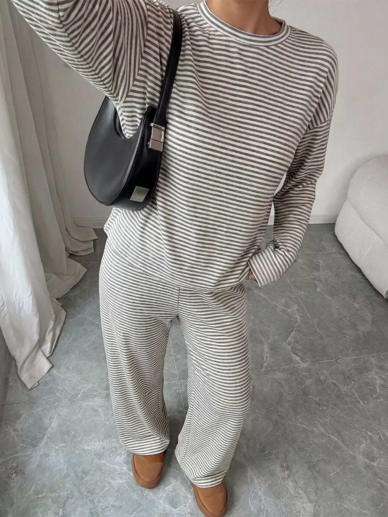 Striped Round Neck Top and Pants Set