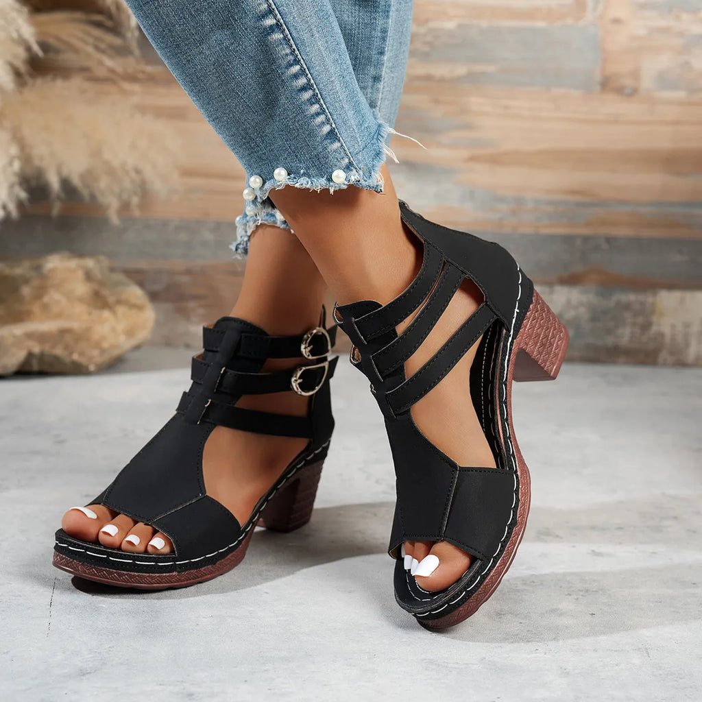 Block Heel Buckle Strap Sandals