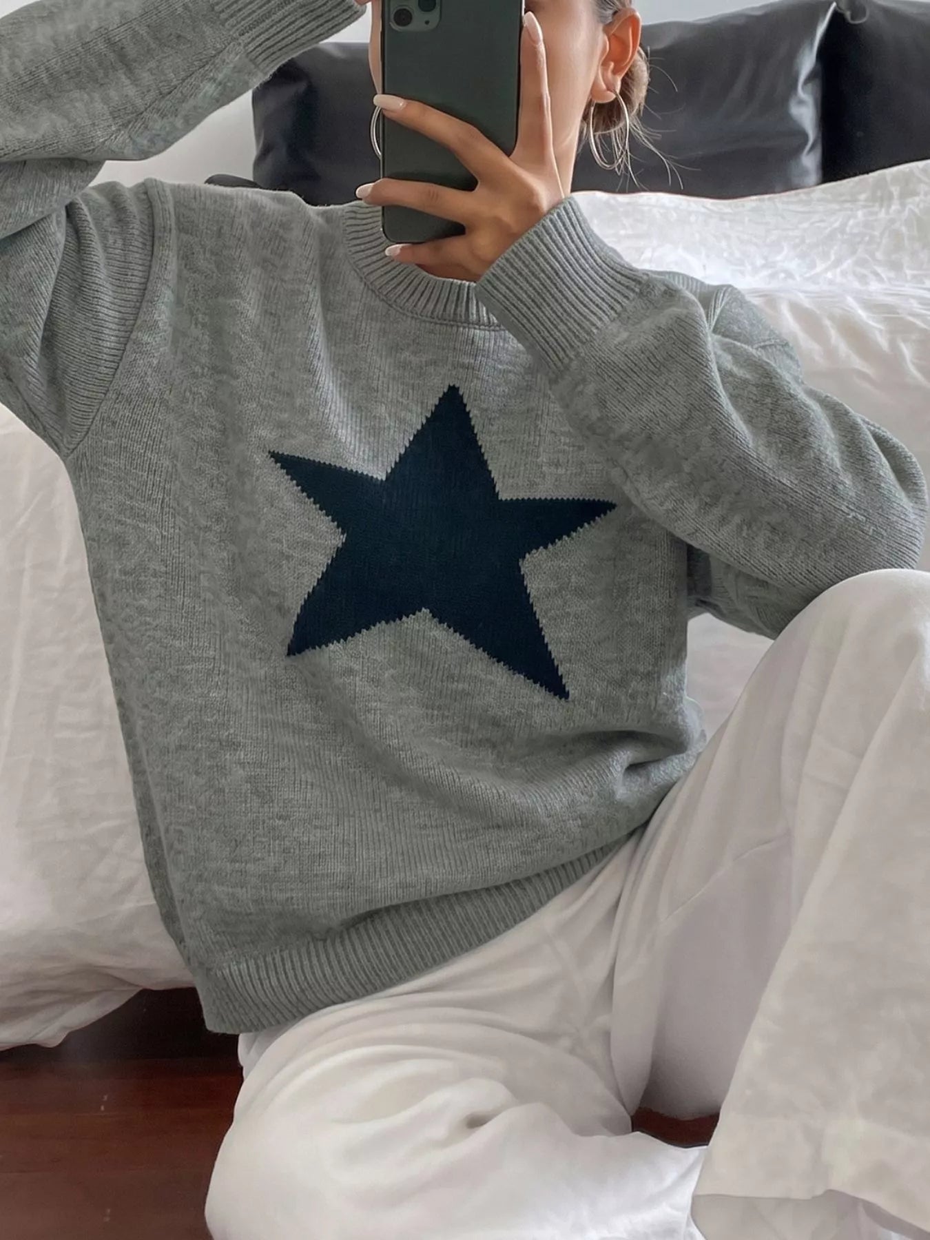 Star-Patterned Dropped Shoulder Sweater