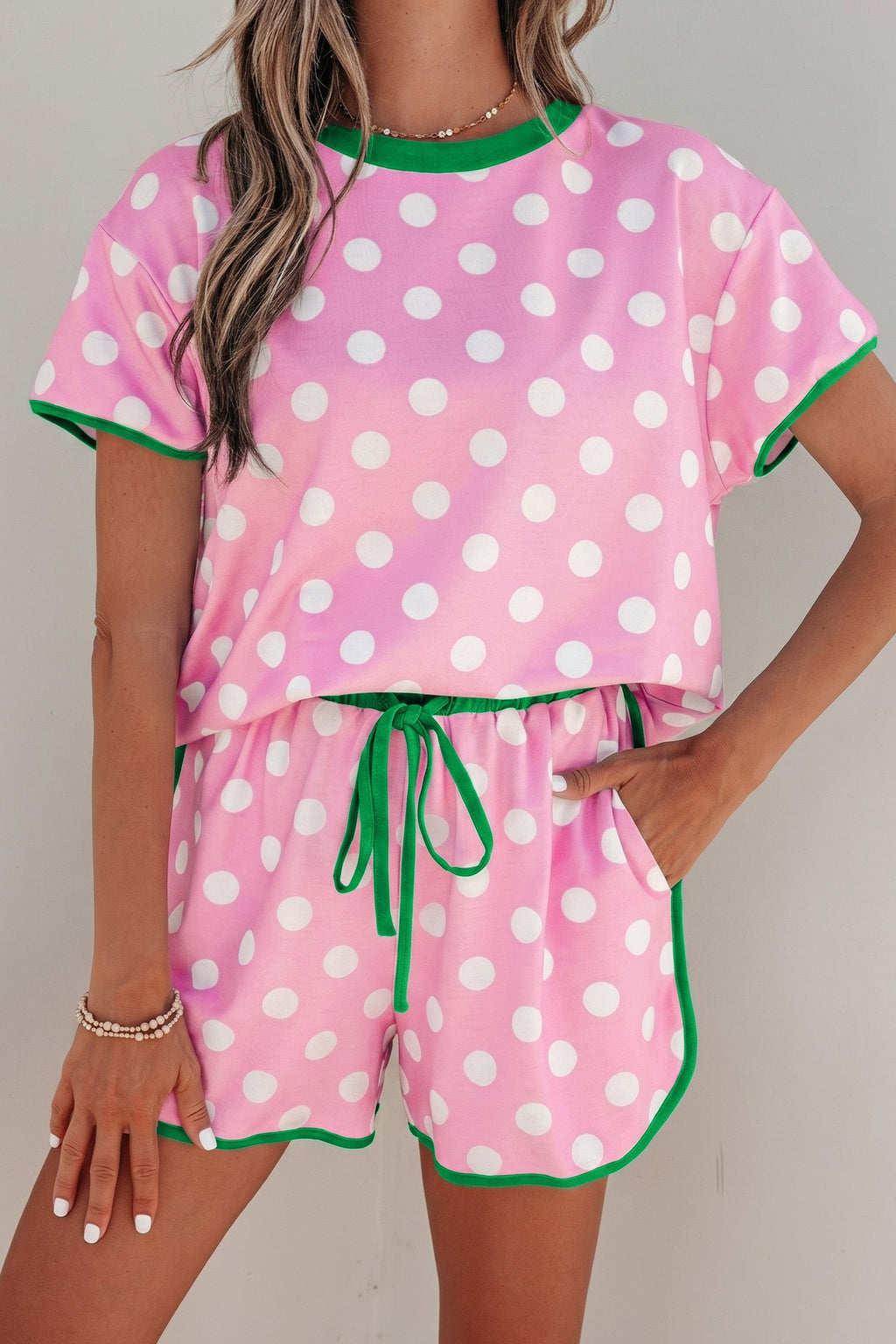 Pink Polka Dot Contrast Edge Casual Short Set