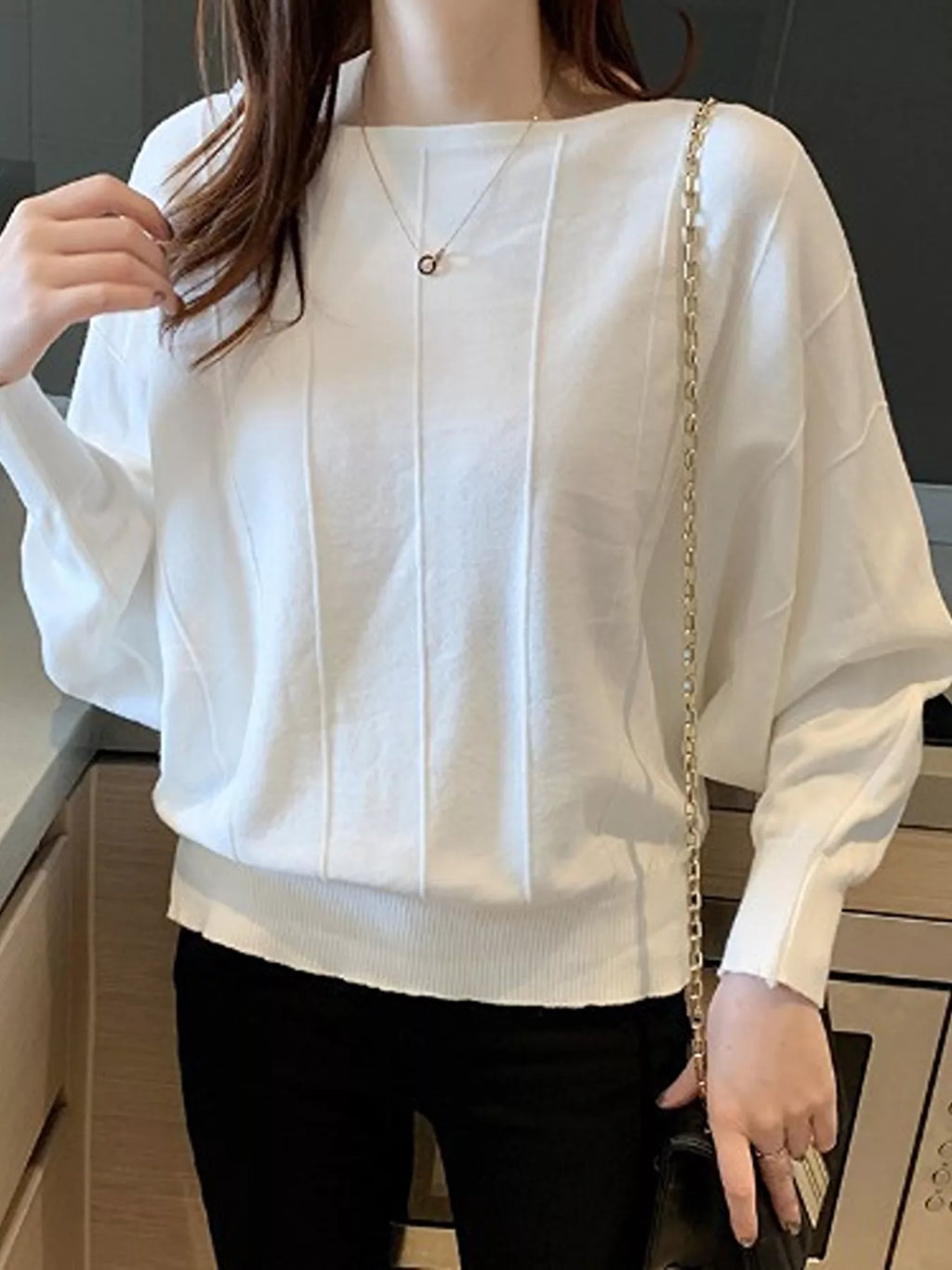 Ribbed Hem Batwing Sleeve Knit Top