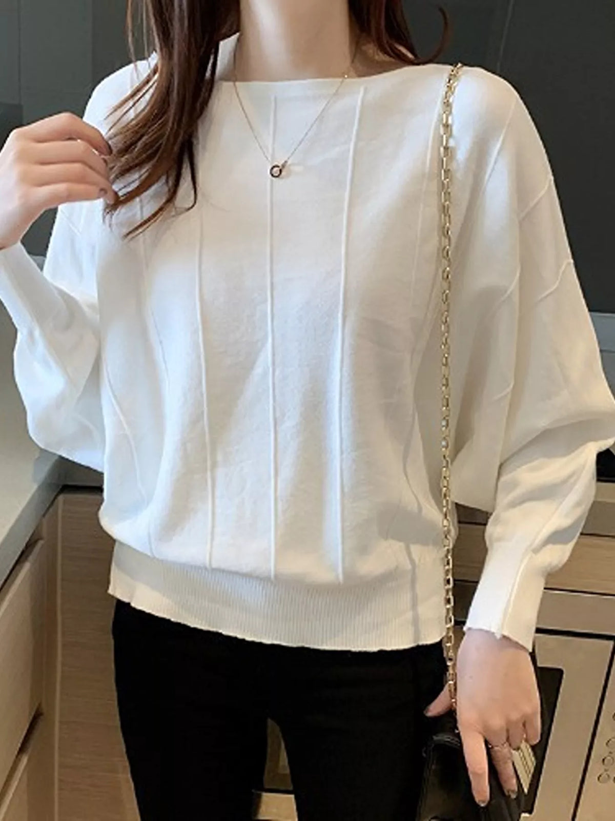 Ribbed Hem Batwing Sleeve Knit Top