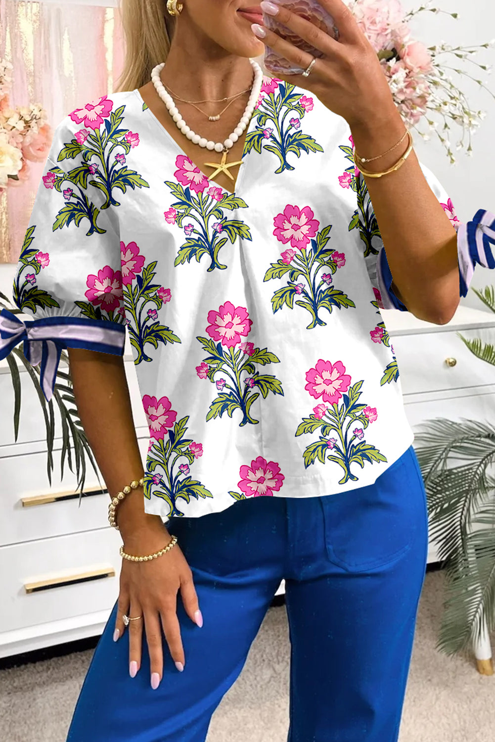 White Floral Colorblock Stripe Knot Bubble Sleeve V Neck Blouse