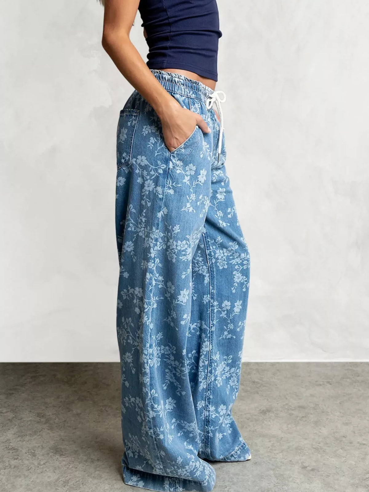 Drawstring Floral Wide-Leg Jeans