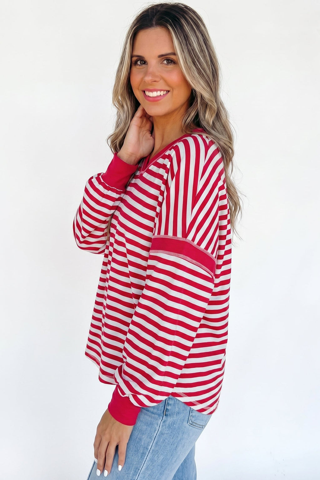 Red Stripe Exposed Seam V Neck Balloon Sleeve Pullover