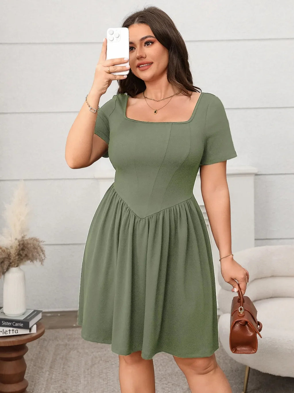 Square Neck Short Sleeve Mini Dress