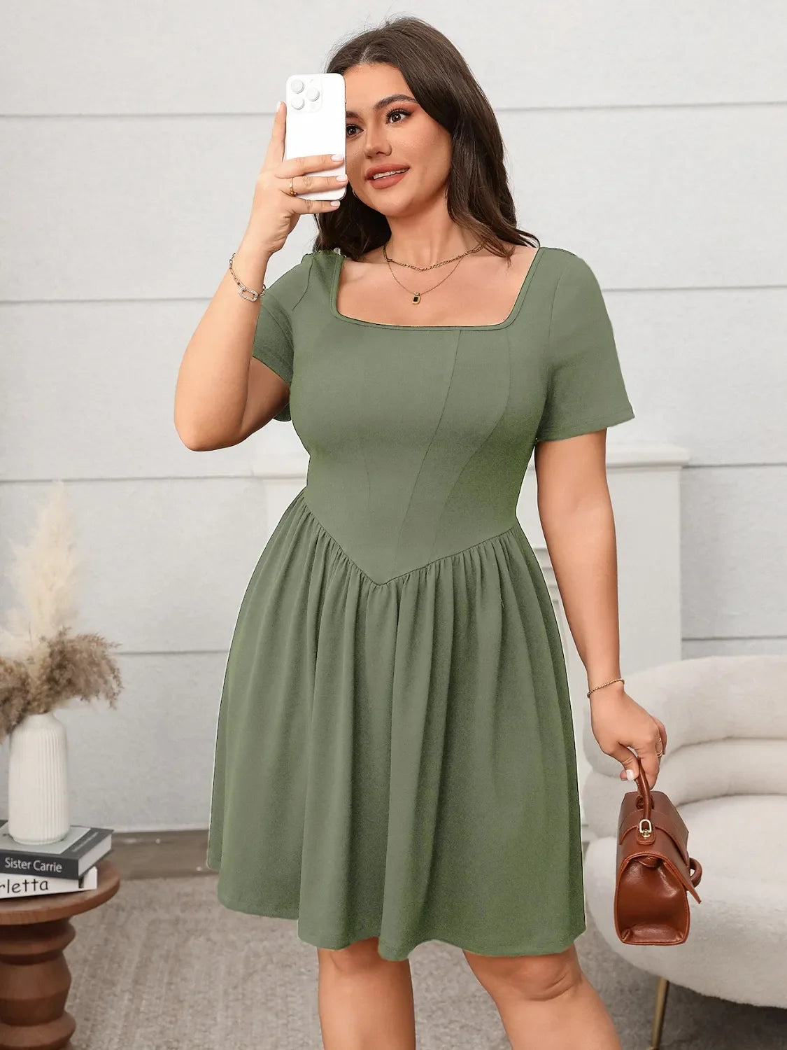 Square Neck Short Sleeve Mini Dress