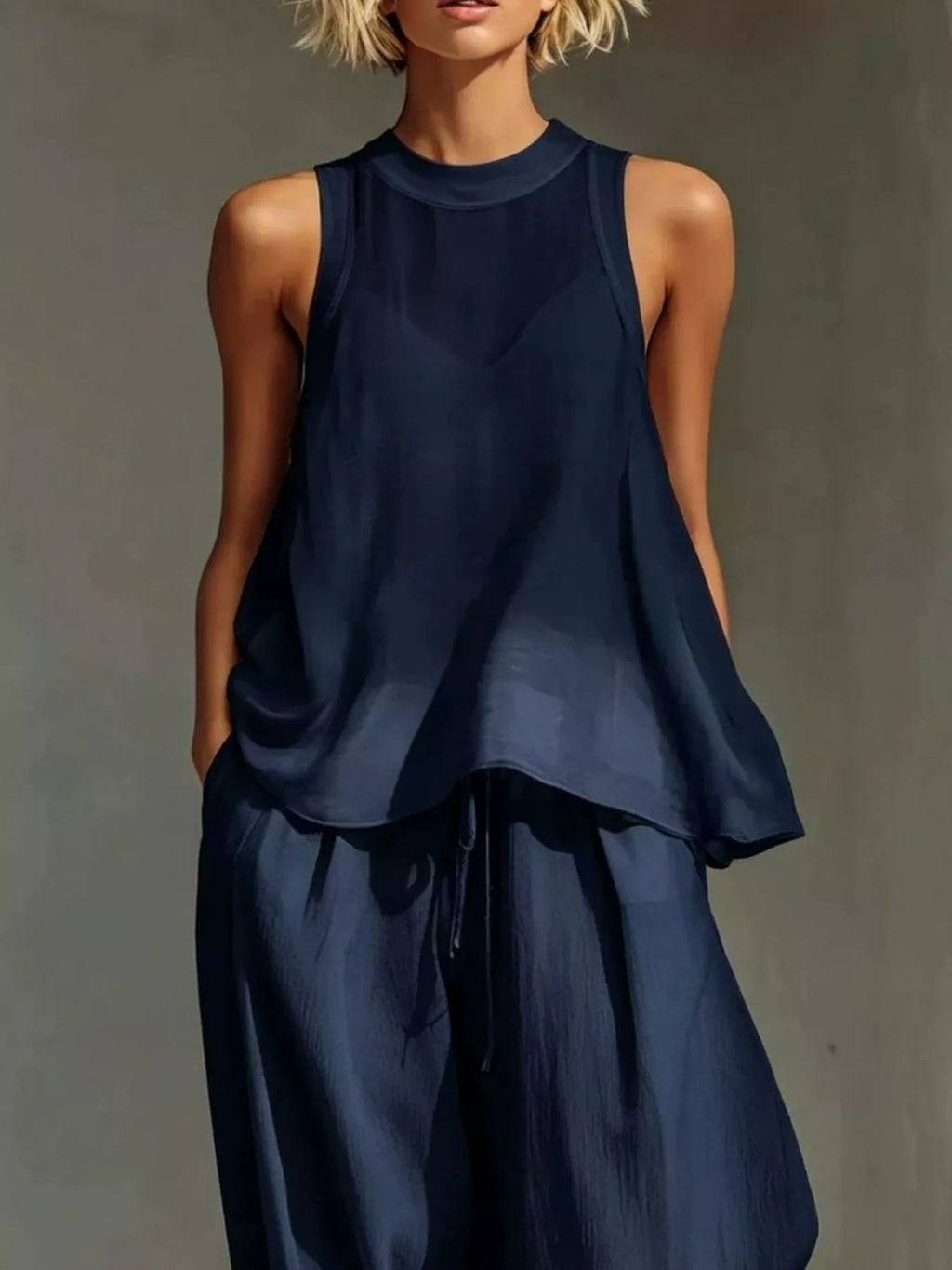Full Size Sheer Sleeveless Top and Wide-Leg Pants Set Plus Size