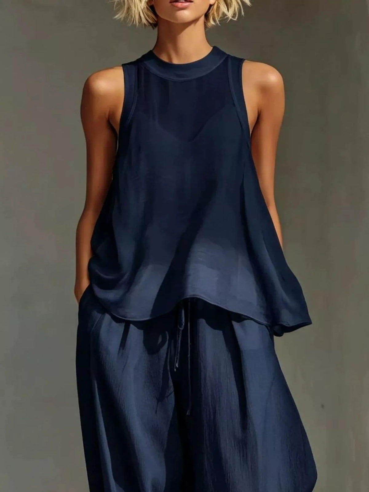 Full Size Sheer Sleeveless Top and Wide-Leg Pants Set Plus Size