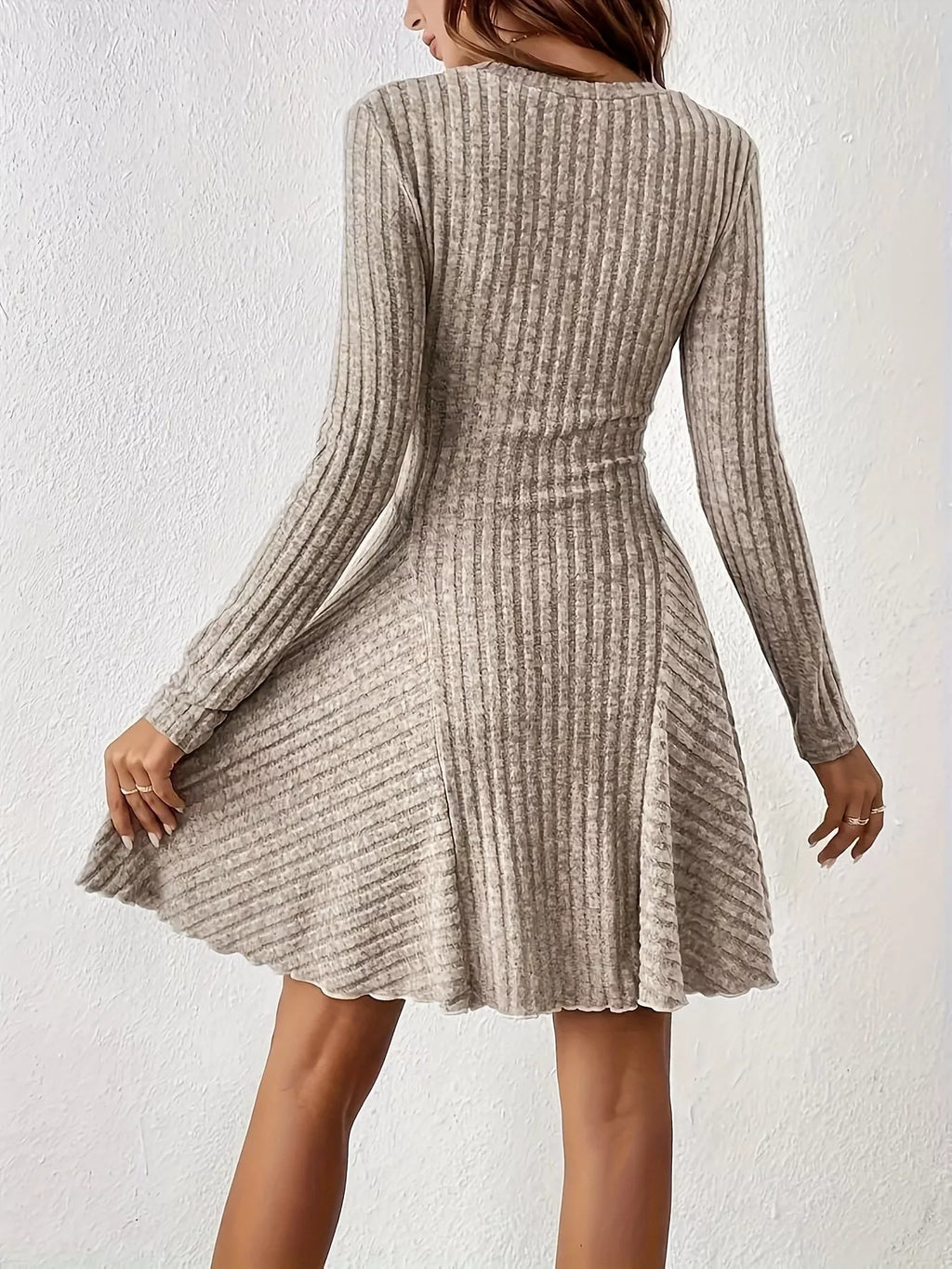 V-Neck Ribbed Knit Flared Knit Dress