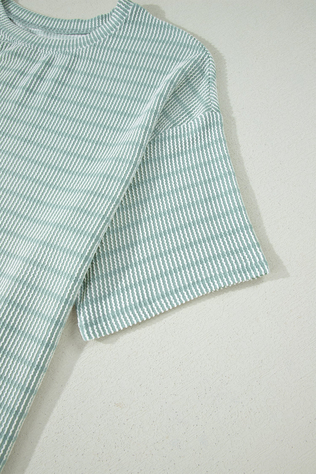 Green Stripe Raised Rib Loose Tee Drawstring Elastic Waist 2pcs Short Set