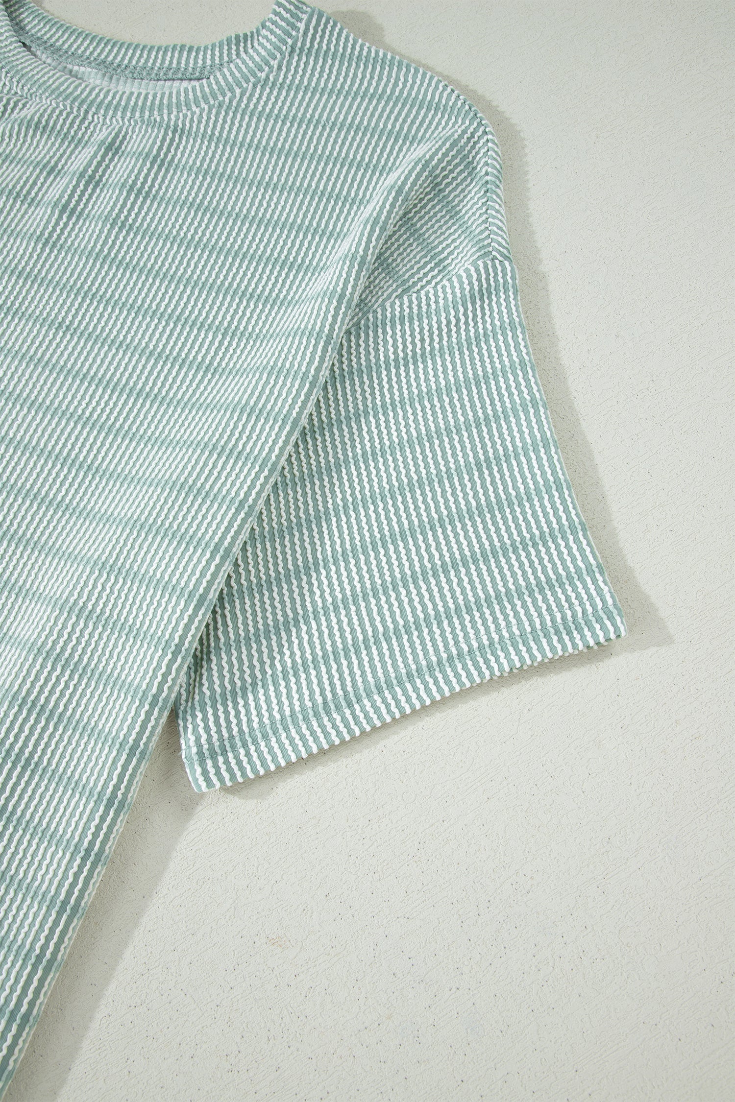 Green Stripe Raised Rib Loose Tee Drawstring Elastic Waist 2pcs Short Set