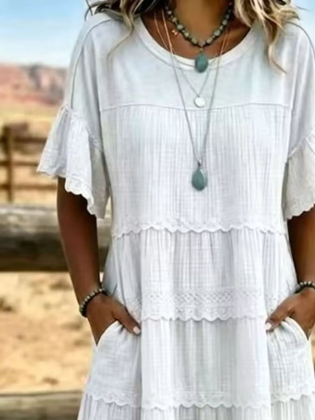 Full Size Tiered Ruffle Sleeve Midi Dress with Pockets Plus Size