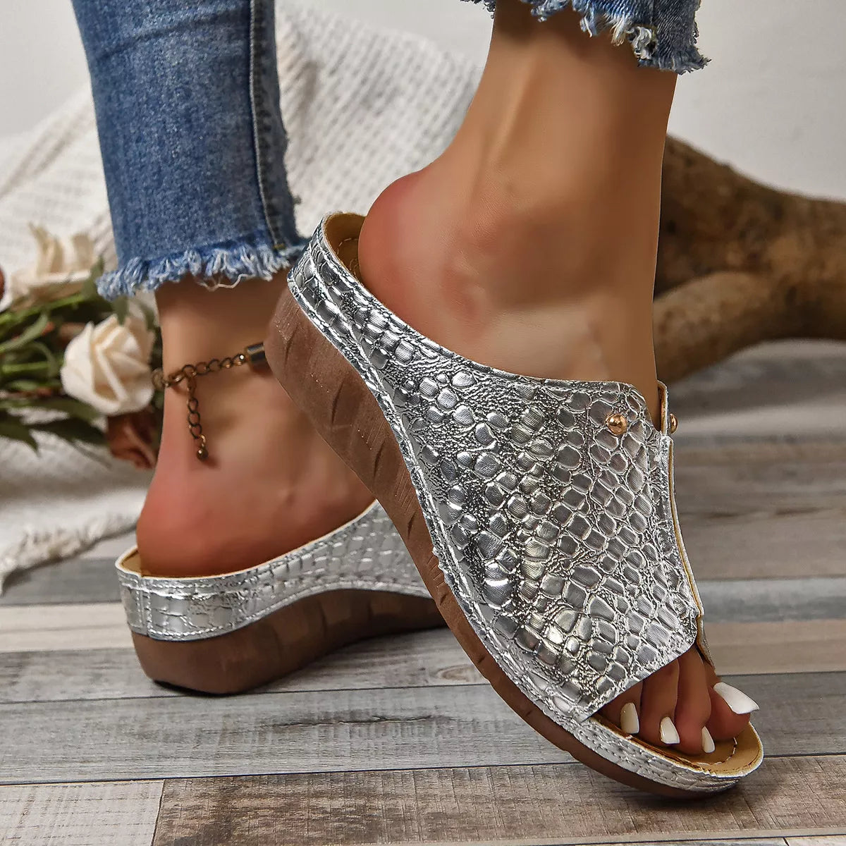 Crocodile-Embossed Wedge Sandals
