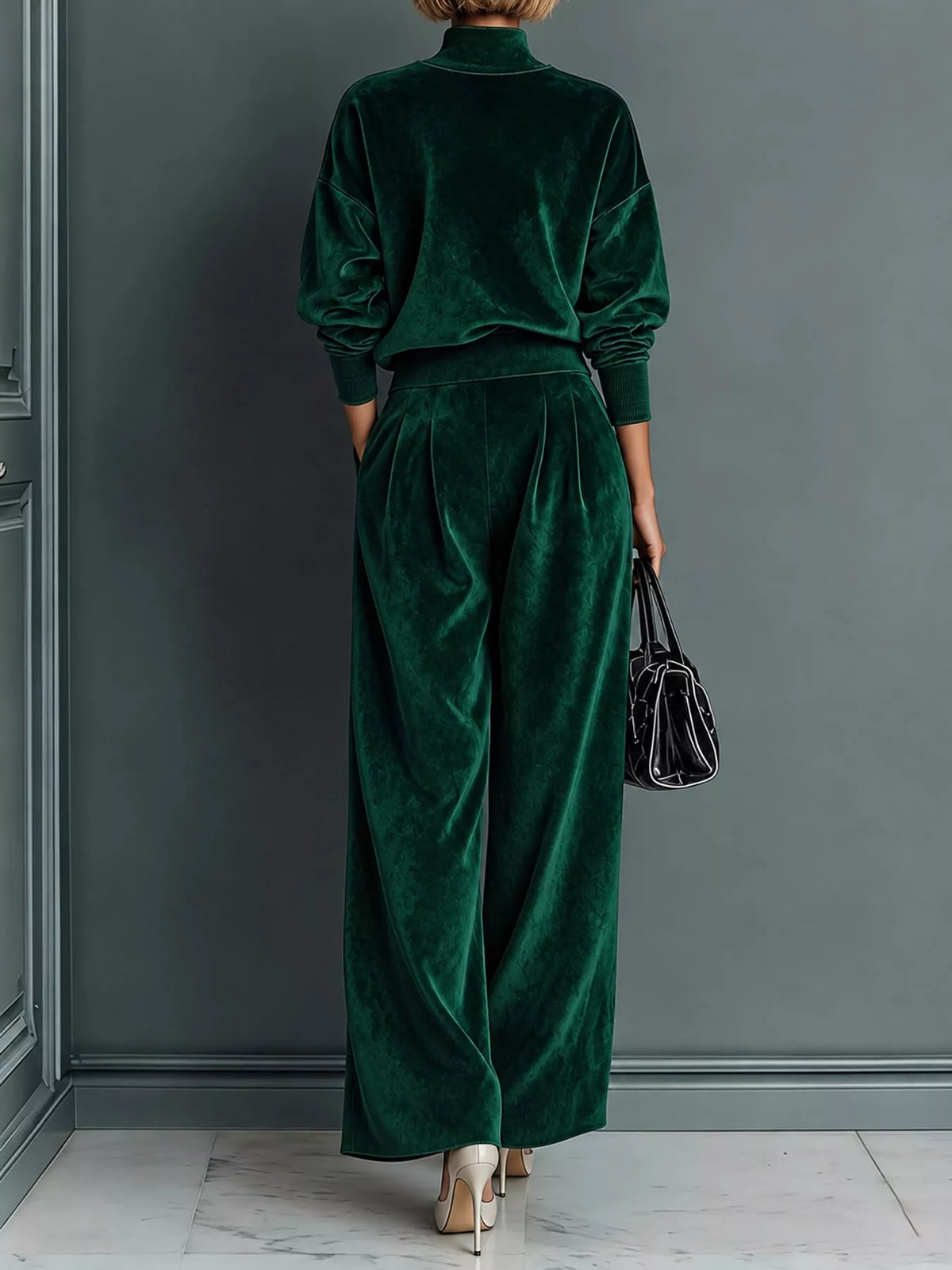 Velvet Mock Neck Long Sleeve Top and Wide-Leg Pants Set