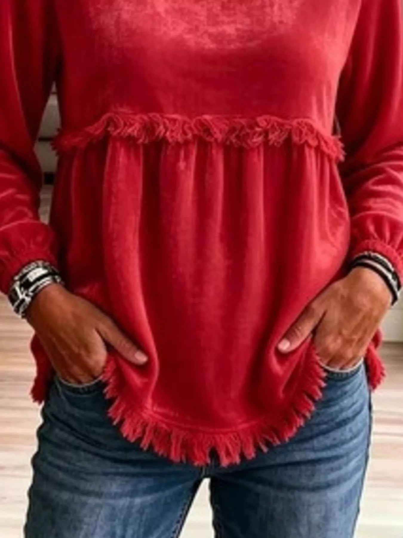 Fringed Hem Long Sleeve T-Shirt